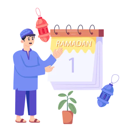 Muslim man showing Ramadan Calendar  イラスト