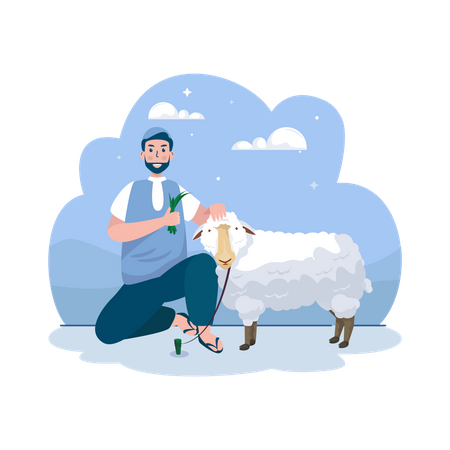 Muslim man sitting with sheep Illustration