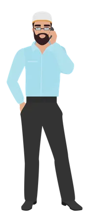 Muslim man standing and talking on mobile  Illustration