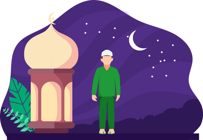 Muslim man standing at mosque  Illustration