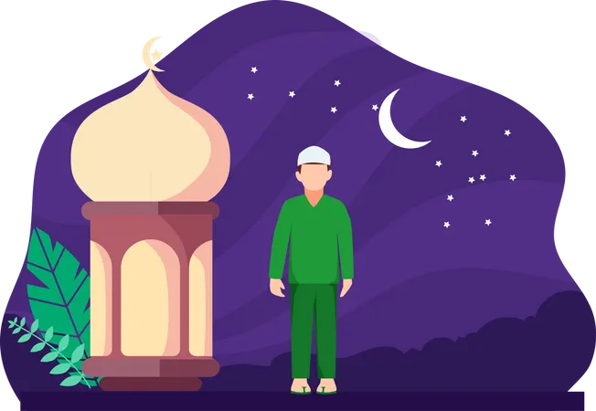 Muslim man standing at mosque  Illustration