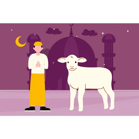 Muslim Man standing by sacrificial animal  Illustration