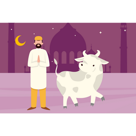 Muslim man standing next to cow  Illustration