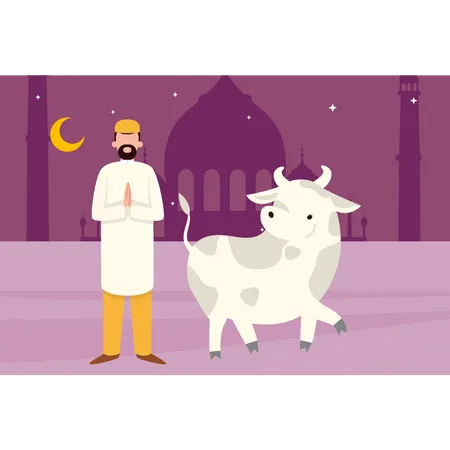 Muslim man standing next to cow  Illustration