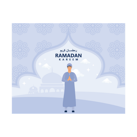 Muslim man standing while ramadan greeting  Illustration