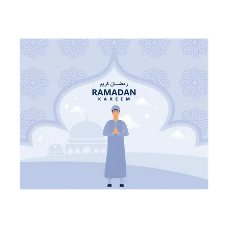 Muslim man standing while ramadan greeting  Illustration