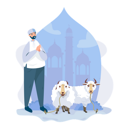Muslim man standing with sheep Illustration