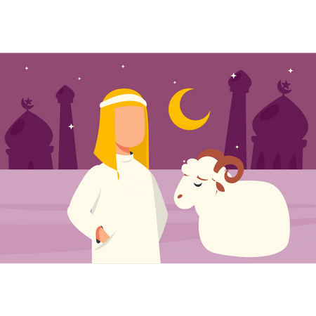 Muslim man  stands by sacrificial animal  Illustration