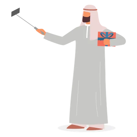 Muslim Man Taking Selfie Arabic Character Taking Photo Of Himself With Selfie Stick Isolated Vector Illustration イラスト