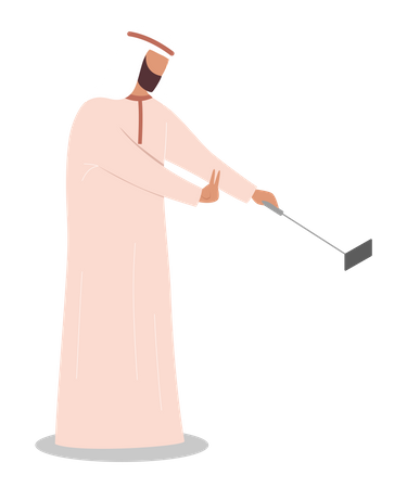 Muslim man taking selfie using selfie stick Illustration