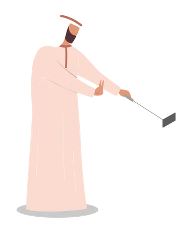 Muslim man taking selfie using selfie stick  イラスト