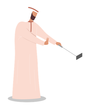 Muslim man taking selfie using selfie stick  Illustration