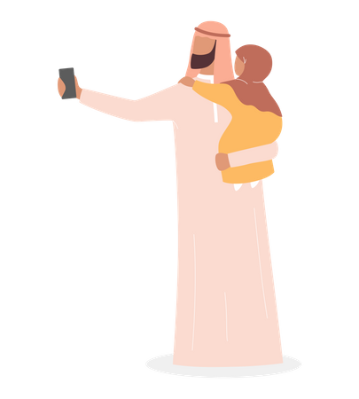 Muslim man taking selfie with her daughter Illustration