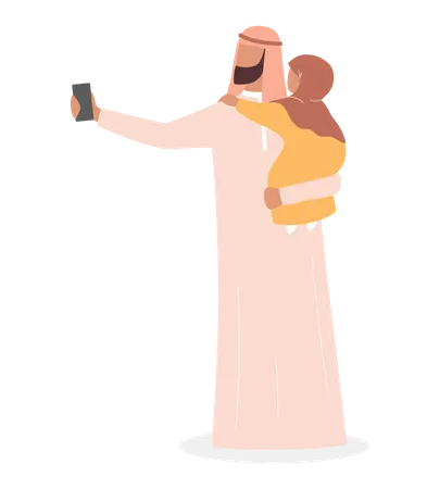 Muslim man taking selfie with her daughter  Illustration