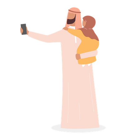 Muslim man taking selfie with her daughter  Illustration