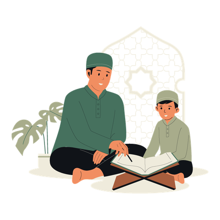 Muslim man teach quran to boy  Illustration