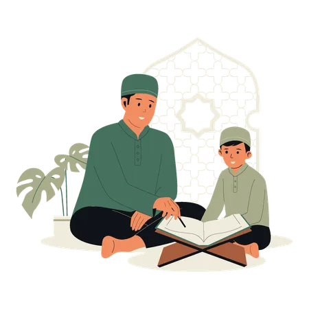 Muslim man teach quran to boy  Illustration