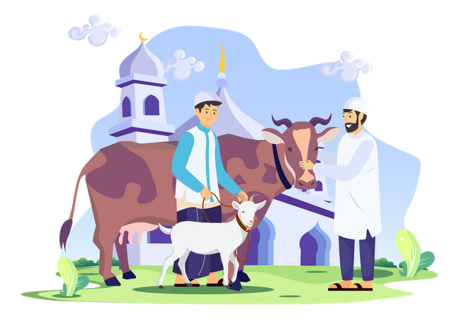 Muslim man trading cow  Illustration