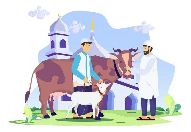 Muslim man trading cow  Illustration