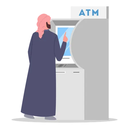 Muslim man using ATM machine  Illustration