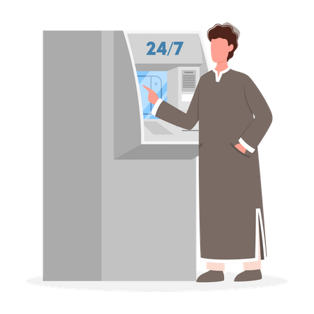 Muslim man using ATM service Illustration