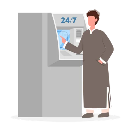 ATM Muslim Man Standing Nearby An ATM Bank Machine Automatic Financal Operation Isolated Vector Illustration In Flat Style Illustration