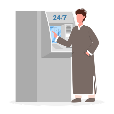 Muslim man using ATM service  Illustration