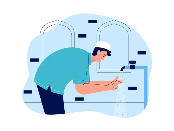 Muslim man washing hands at mosque  Illustration