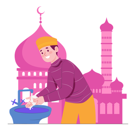 Muslim man washing hands at mosque  Illustration