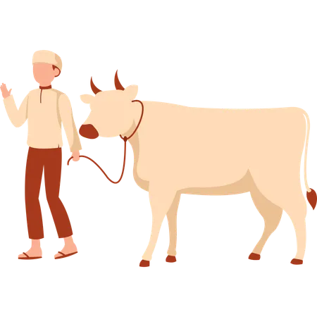 Eid Adha Man With Cow Illustration