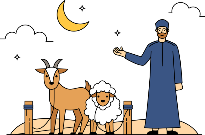 Muslim man with farm animals  Illustration