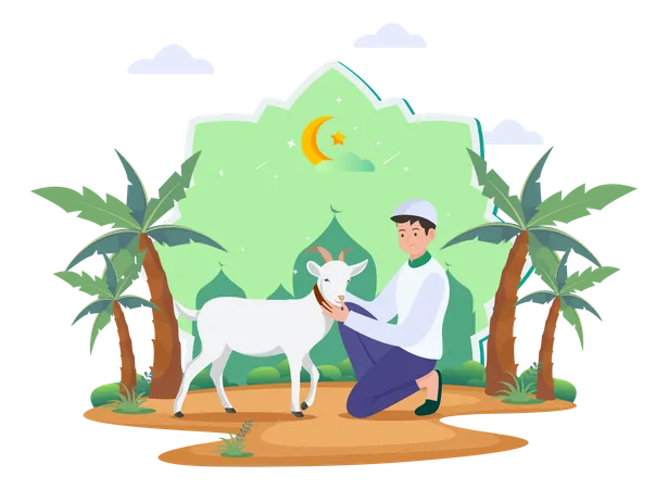 Happy Muslim Family Celebrates Eid Al Adha Mubarak With A Goat Flat Vector Template Illustration Illustration