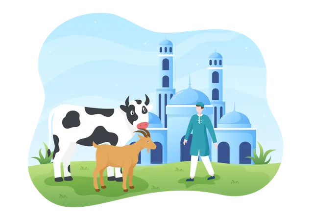 Muslim man with goat and cow  Illustration