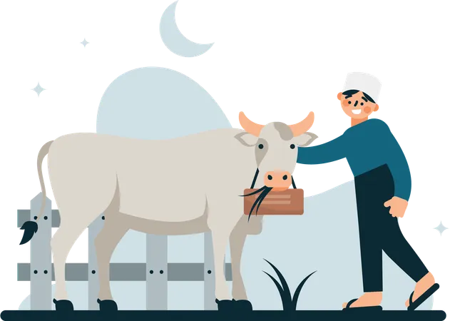 Muslim man with  his cow  Illustration