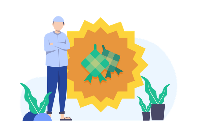 Muslim man with kepupat on Ramadan festival  Illustration