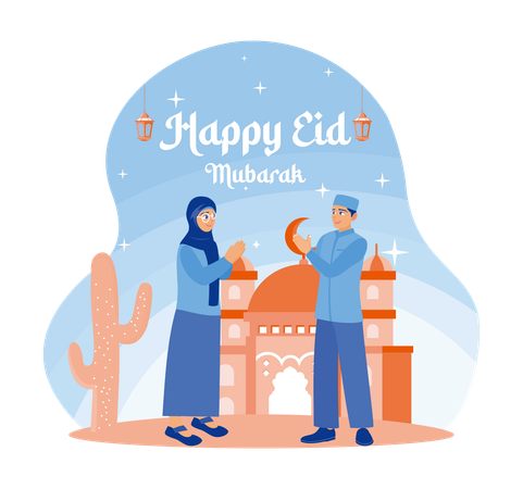 Muslim men and women say Eid al-Fitr greetings  イラスト