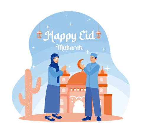Muslim men and women say Eid al-Fitr greetings  Illustration