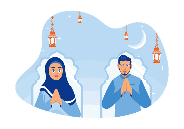 Muslim Men And Women With Both Hands Wishing Eid  Illustration