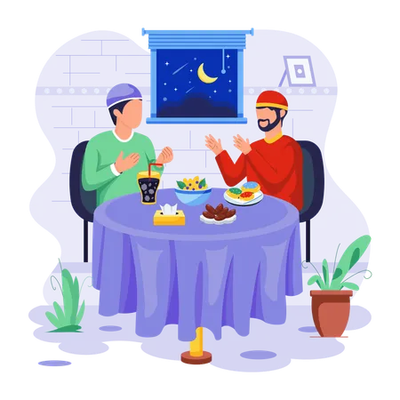 Muslim men are taking food in Iftar time  Illustration