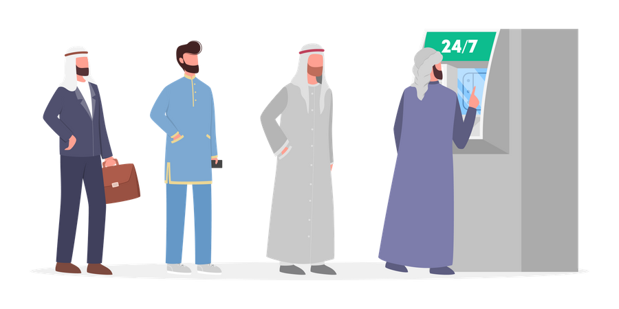 Muslim men standing in queue at ATM booth Illustration