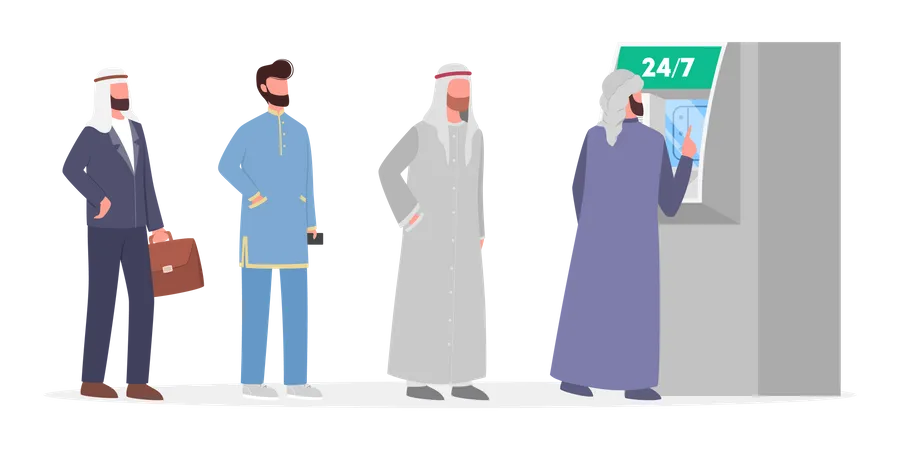 Muslim men standing in queue at ATM booth  Illustration