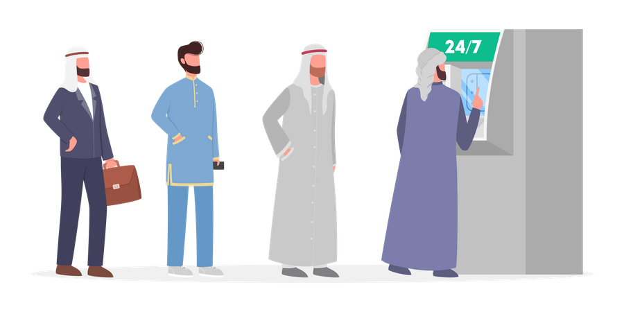 Muslim men standing in queue at ATM booth  Illustration