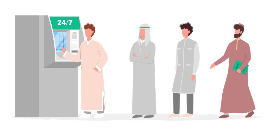 Muslim men standing in queue to ATM Illustration