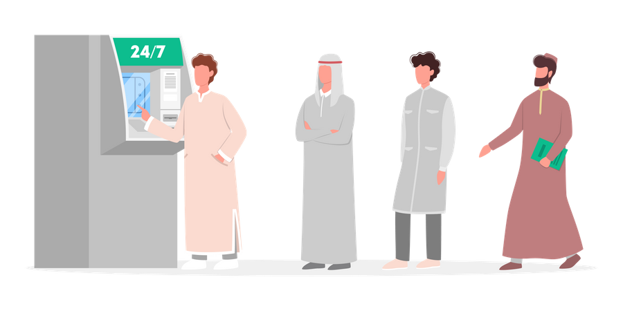 Muslim men standing in queue to ATM  Illustration