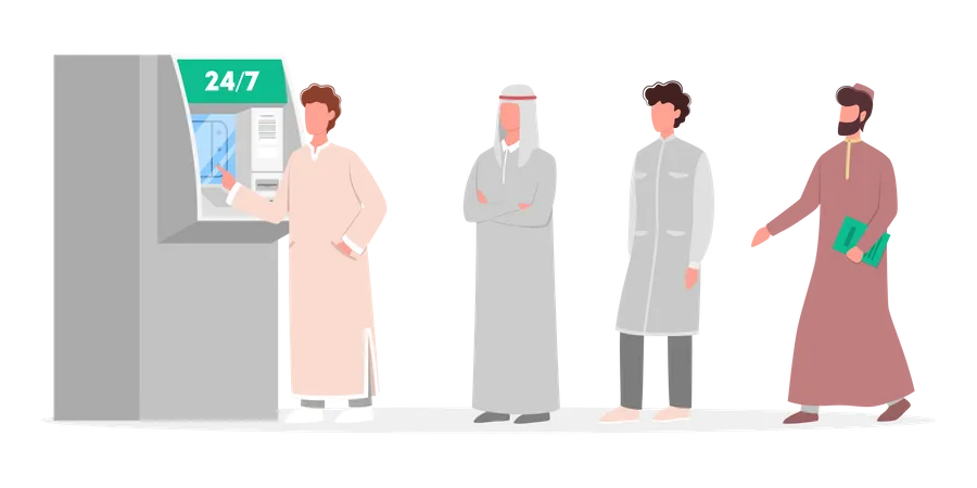 Muslim men standing in queue to ATM  Illustration