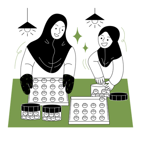 Muslim mother and daughter cooking together Illustration