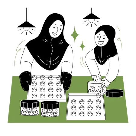 Muslim mother and daughter cooking together Illustration