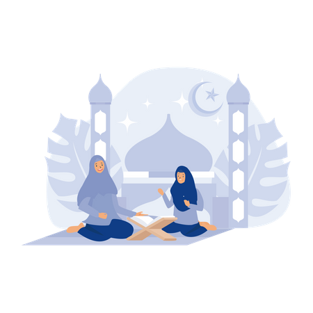 Muslim Mother and Daughter Reading Koran, with mosque background,  flat vector modern illustration Illustration