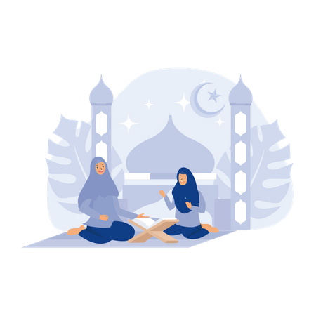 Muslim Mother and Daughter Reading Koran, with mosque background,  flat vector modern illustration  Illustration