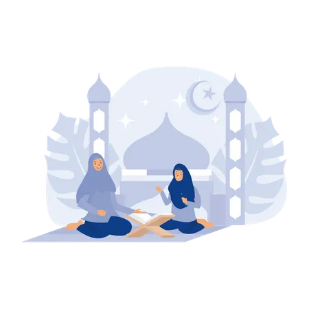 Muslim Mother and Daughter Reading Koran, with mosque background,  flat vector modern illustration  Illustration